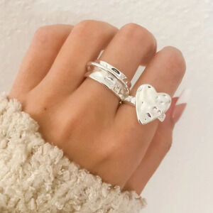 925 Sterling Silver Hammered Ring Statement Ring Heart Ring Chunky Ring Band